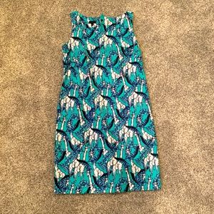 Teal and Navy Blue Talbots Dress with Giraffe Pattern